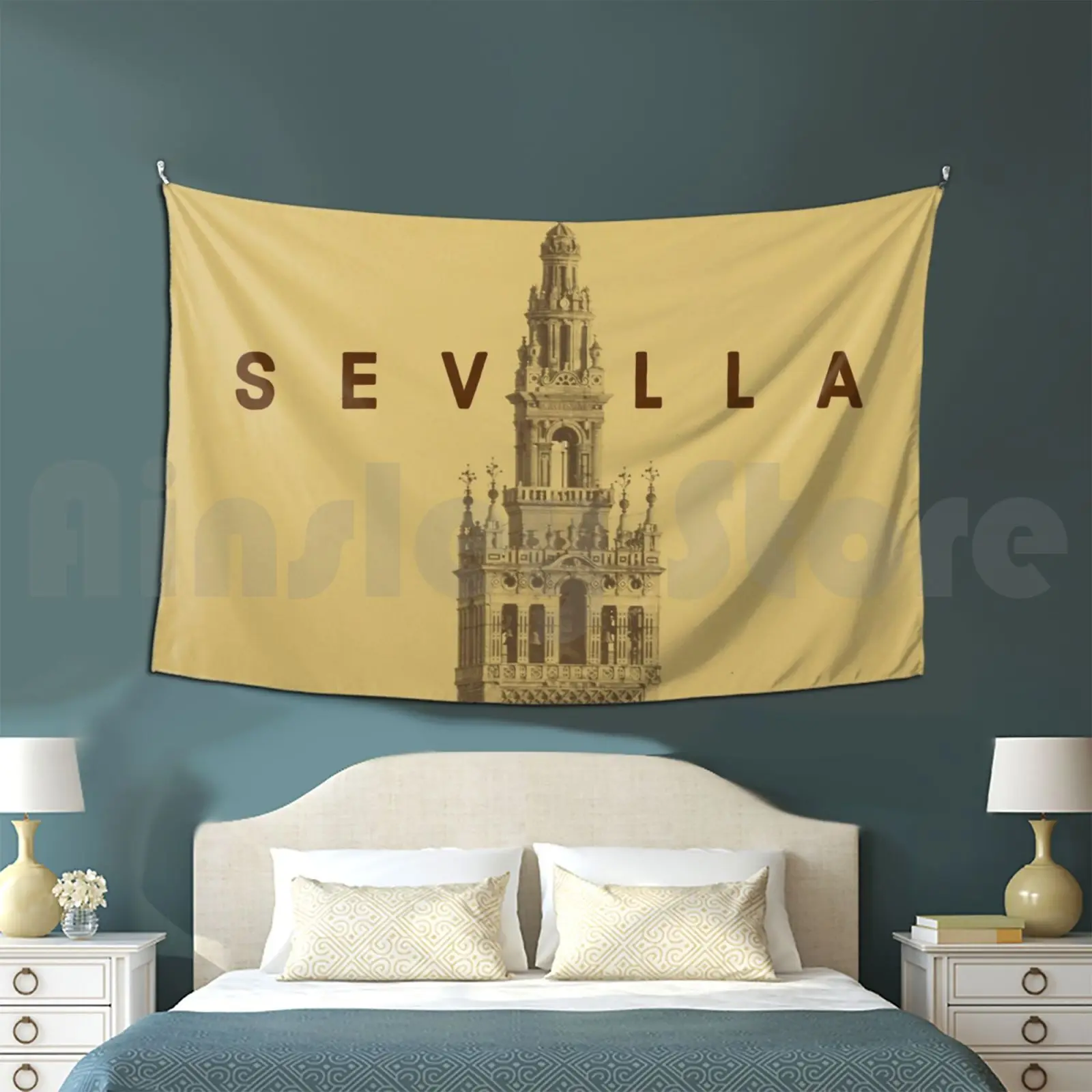 Sevilla Monument-Yellow-Spain-Seville City Tapestry Background Wall Hanging Minaretes Sevilla Arte Musulman