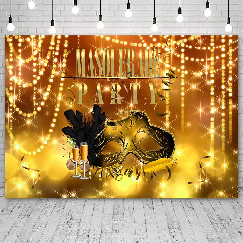 Avezano Backdrop Masquerade Ball Party Golden Mask Feather Prom Shiny Black Photography Backgrounds Photo Studio Photozone Decor