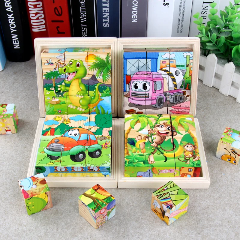 Kids Early Education Toys 3D Puzzle Cube Kids Educational Toys Children Wooden Jigsaw Six Face Painting Building Puzzle Animals