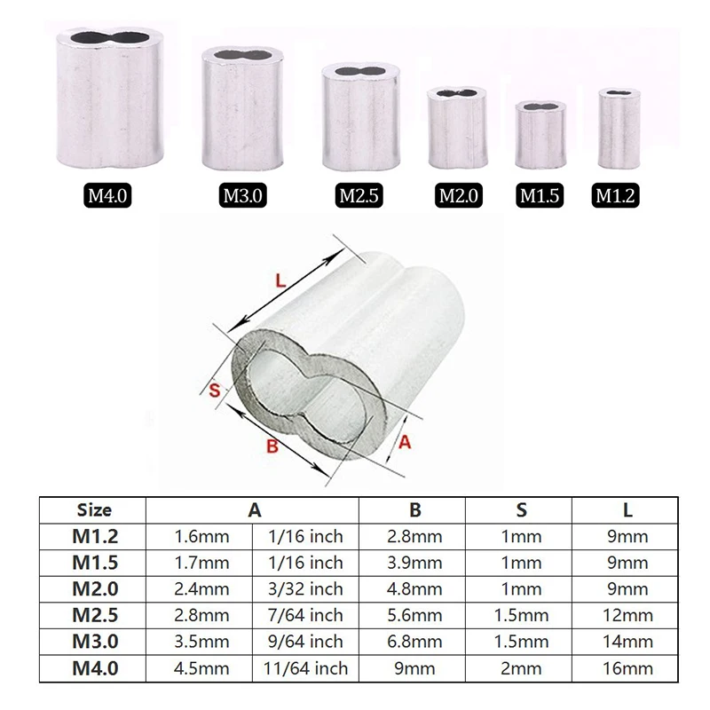 210Pcs 6 Size Aluminum Double Barrel Ferrule Crimping Loop Sleeve for Wire Rope and Cable Line End Assortment Kit