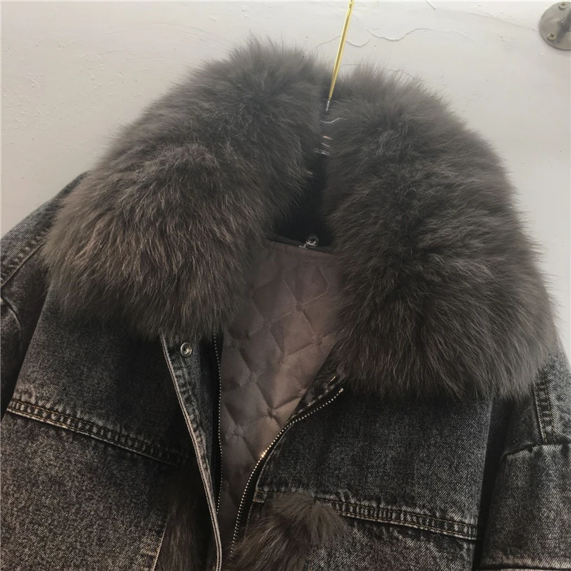 Denim parka for women mid-length patchwork fur coat real fox fur collar fur jacket 2023 new winter outerwear hipster streetwear