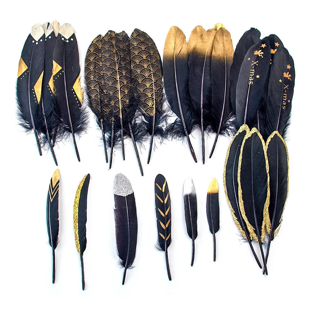 20PCS Beautiful Natural Goose Feathers 5-7 inch Dipped Gold Black Goose Feather for DIY Wedding Plumes Crafts Decoration