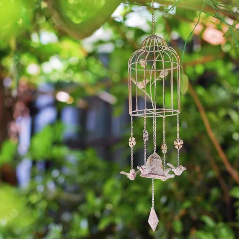 Rustic Retro Metal Bird Cage Design Hanging Outdoor Wind Chime