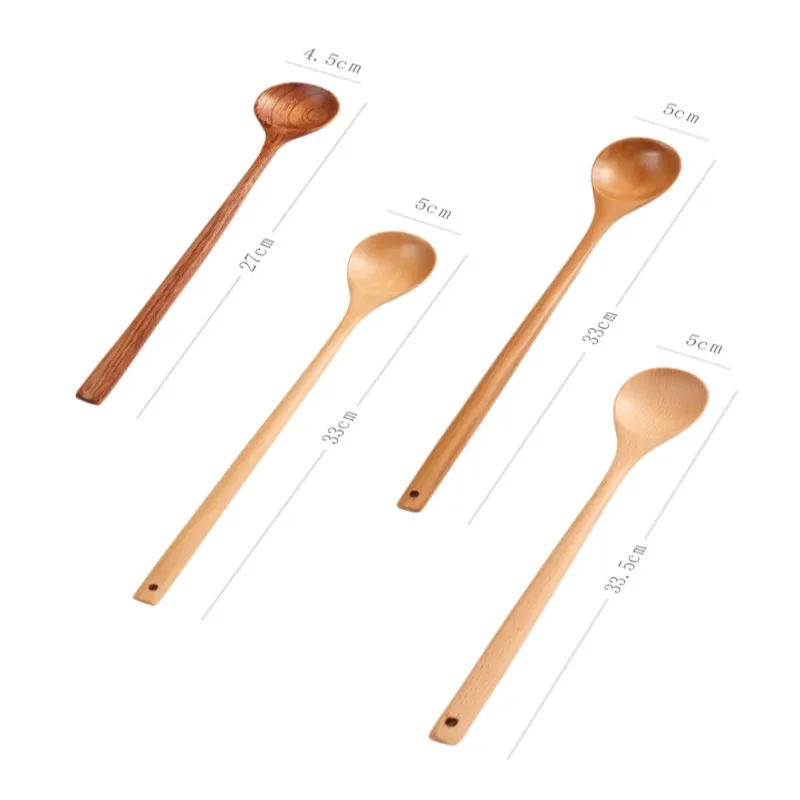 1pc Long Spoons Wooden Korean Style 10.9 Inches Natural Wood Long Handle Round Spoons For Soup Cooking Mixing Stirr Kitchen Home