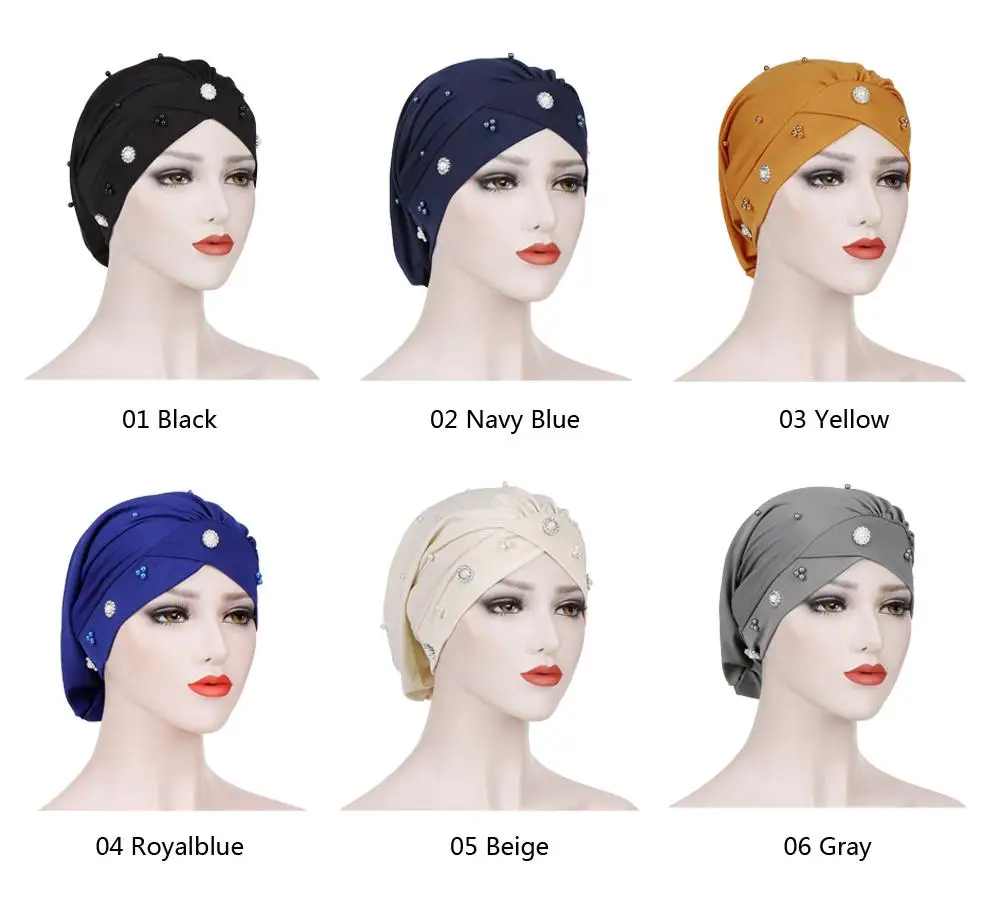 New Women Muslim Beads Cancer Cap Hat Bonnet Turban Headscarf Wrap Cap Hair Loss Elastic Skullies Beanies Arab Cover Fashion