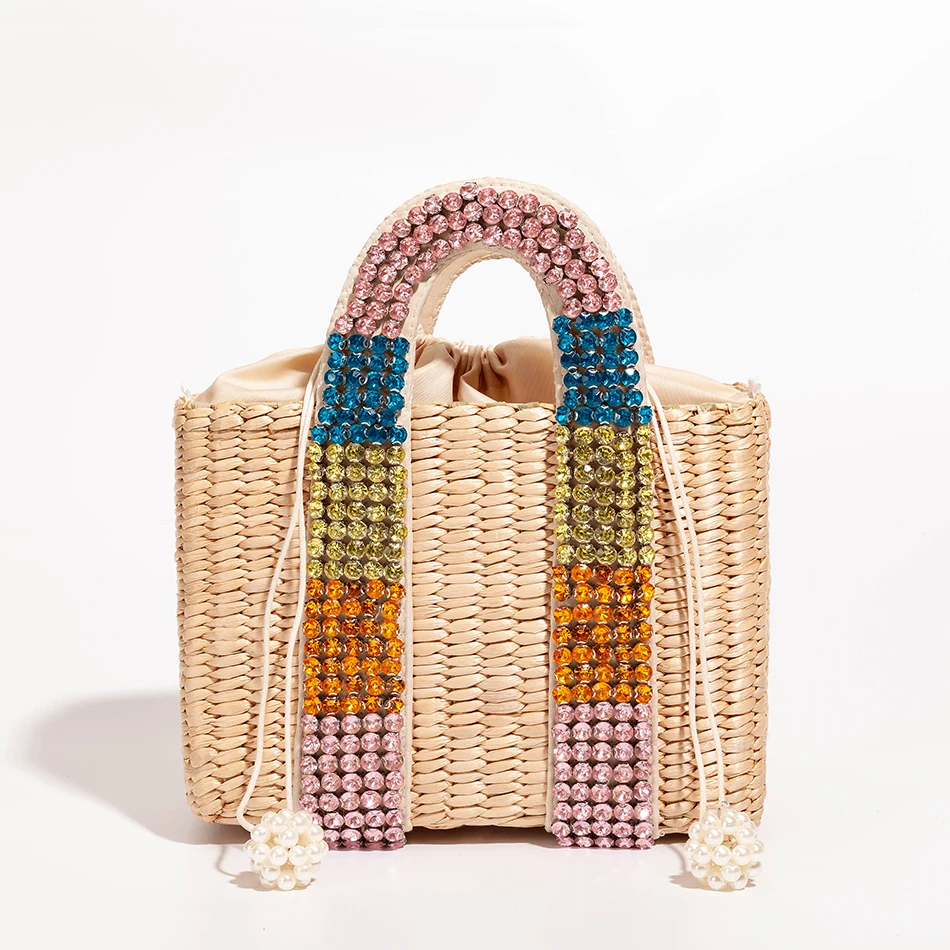 Bolso de playa con perlas para mujer, bolsa de paja tejida con cuentas, Bohemia, grande, informal, para vacaciones, novedad de verano 2020