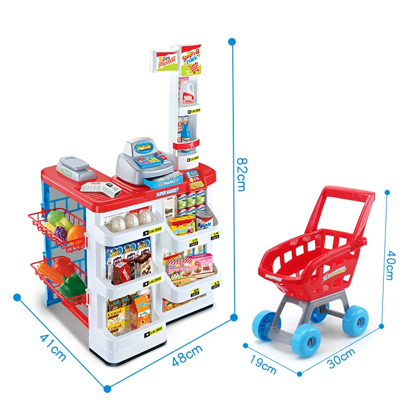 Juego de cocina de gran tamaño para niños, juguete de simulación de plástico de 82cm de altura con luz, carrito de comida de juguete para supermercado, nuevo, D76