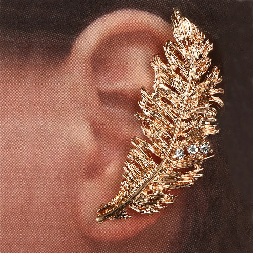 Vintage Fashion Featehr Ear cuff earrings gold color Alloy crystal feather ear clips for women ear Punk Jewelry Gift