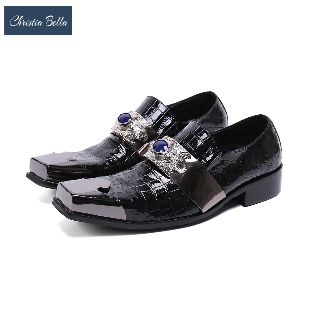 Christia Bella Luxury Metal Charm Formal Men Leather Shoes Fashion Square Toe Party Dress Shoes Business Office Male Shoes Black