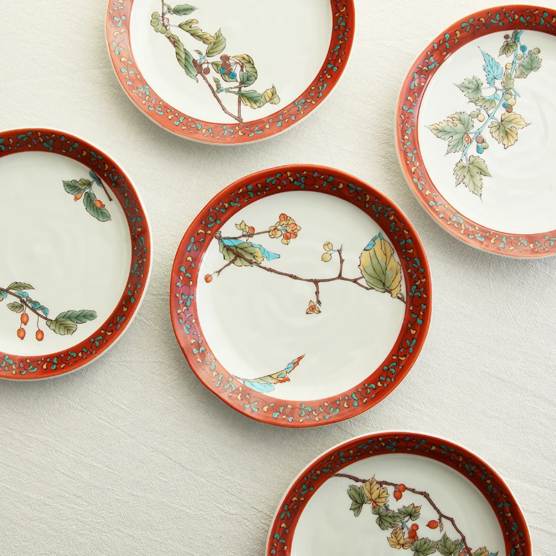 Spot nine valley burn hand-painted plants imported from Japan Japanese flower disc plates tableware suit red plate