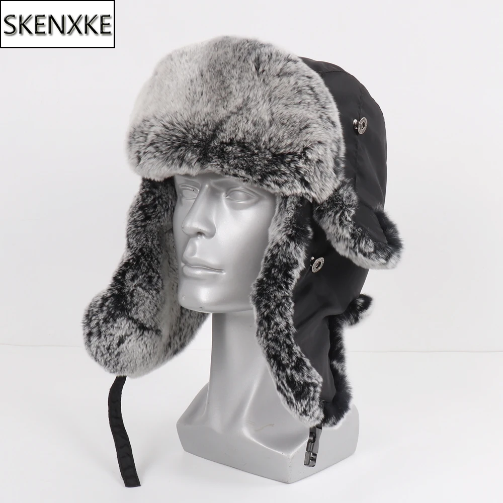 

New Russia Winter Real fur Hat Men Outdoor Windproof Super Warm Real Rex Rabbit Fur Bomber Hats Natural Soft Rex Rabbit Fur Caps