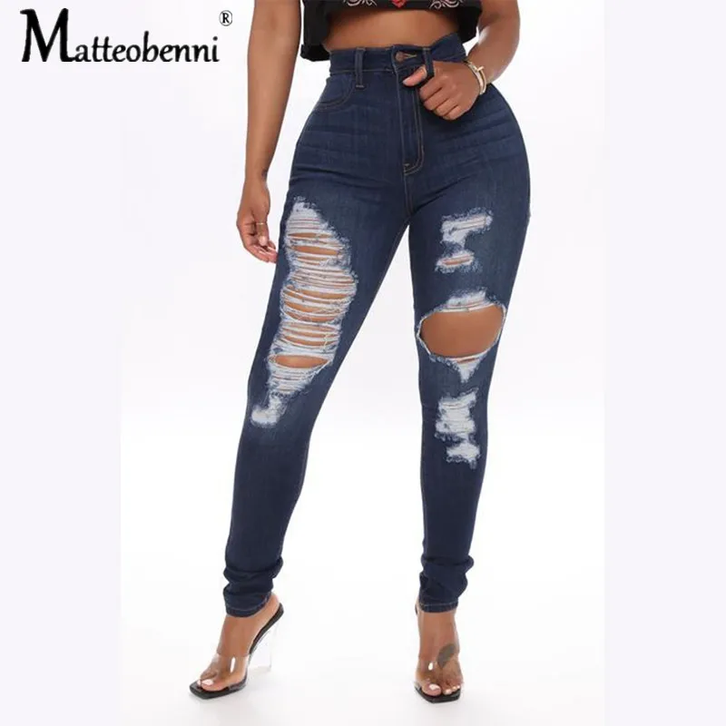 

Light Blue Hole Ripped Skinny Long Jeans Spring Autumn New Mom Jeans High Waist Women Stretch Denim Pencil Pants