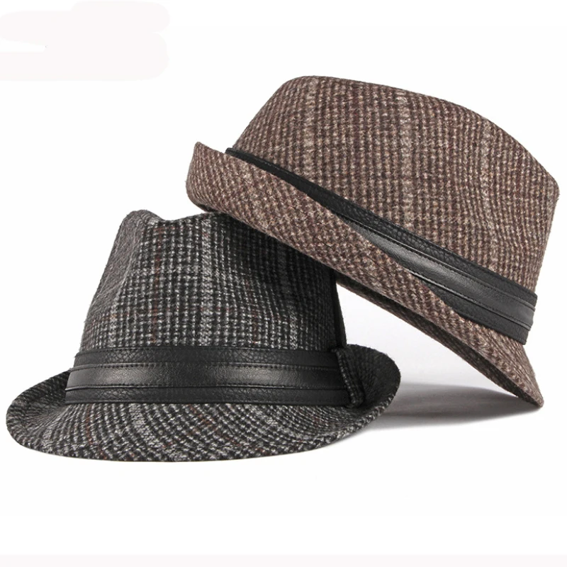 HT2774 Fedoras Autumn Winter Hat Caps for Men Vintage Plaid Wool Hat Retro Gentleman Black Band Fedora Hat Male Trilby Jazz Hat