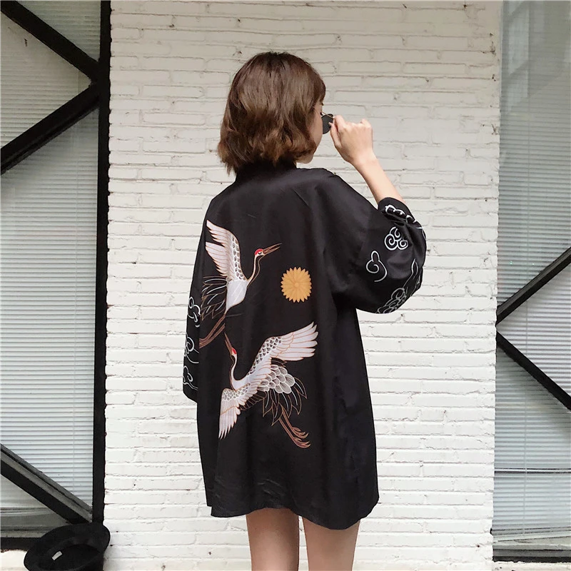 Kimono japonês com guindaste preto, tradicional obi nova sensação roupa japonesa kimono japones feminino