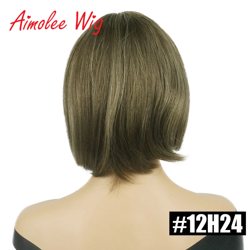 Aimolee Short Straight Bob Style Wigs with Bangs Brown Black Blonde Highlights Human Hair Blend Synthetic Wigs for Women