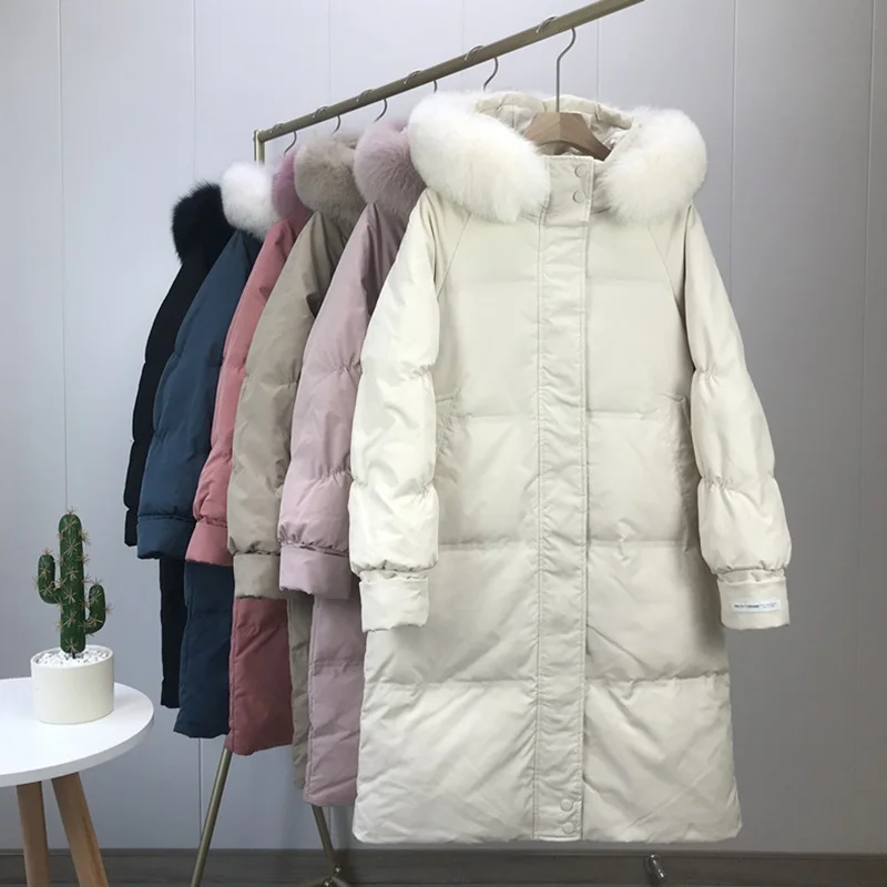 2021 Winter New Large Fur Collar Down Jacket Women Mediunm Long Solid Color Fashion All Match Thick Hooded Loose Warm Coat