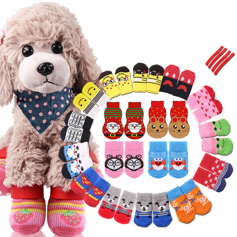 4Pcs/set Anti Slip Skid Bottom lovely Puppy Dogs Pet Knits Socks Cute pet Fashion Pets Dogs Socks for Cats Dog Toy Supplies