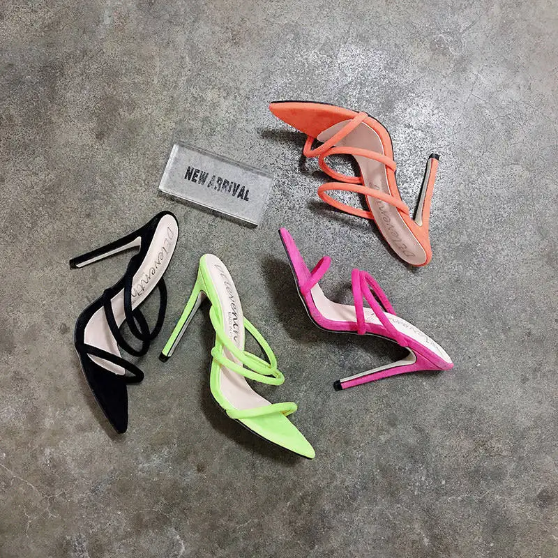 2020 Candy bright color Fashion Thin Belt Women Sandals Thin High Heels Pointed Toes Dance Gladiator Shoes Shallow Party 35-43
