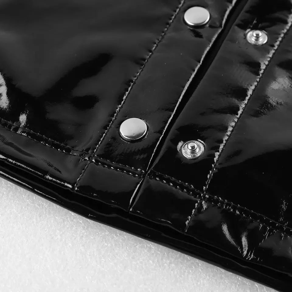 Mens Sexy Glossy Leather Short-sleeved Shirt Erotic Shaping Sheath Latex Tops Casual T-shirts Male Patent Leather Jacket Sexi