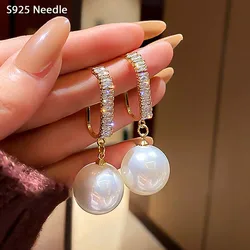 Silver Needle Dangle Earrings for Women Jewelry Cubic Zircon White Pearl Lovely Elegant Female Drop Earrings