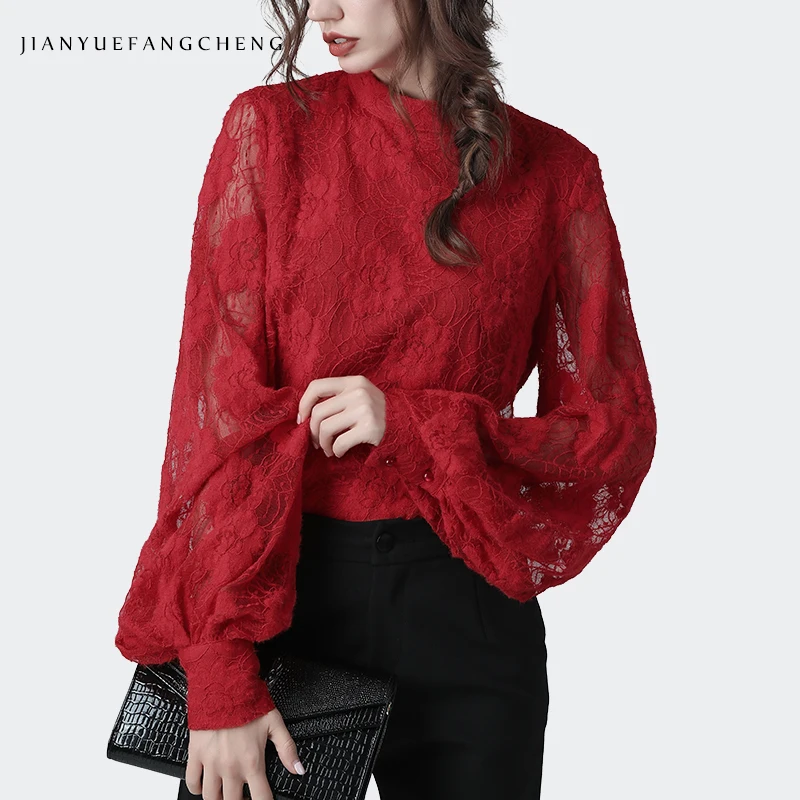 Lantern Sleeve Hollow Out Womens Lace Blouse Fashion Crew-neck Loose Plus Size Pull On Tops Ladies Spring Autumn Casual Shirts