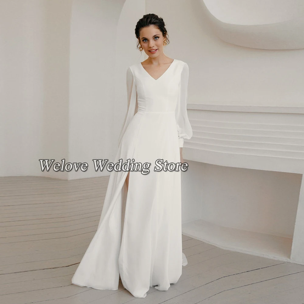 Elegante Sommer Chiffon Hochzeit Kleid Seiten-schlitz Lange Ärmel Bodenlangen 2022 Brautkleid Für Braut Weiß Benutzerdefinierte Einfarbig