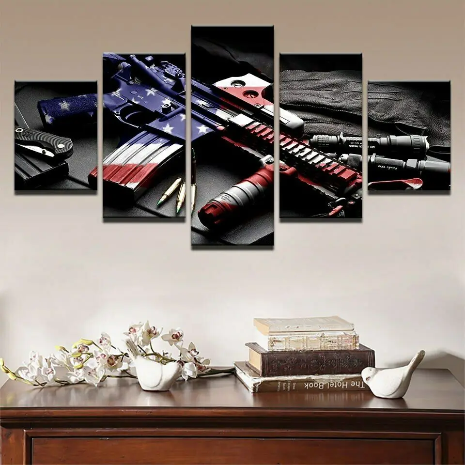 American Flag & Submachin Gun Poster 5pcs Modern Home Wall Decor Canvas Picture Art HD Print Painting On Canvas for Living Room