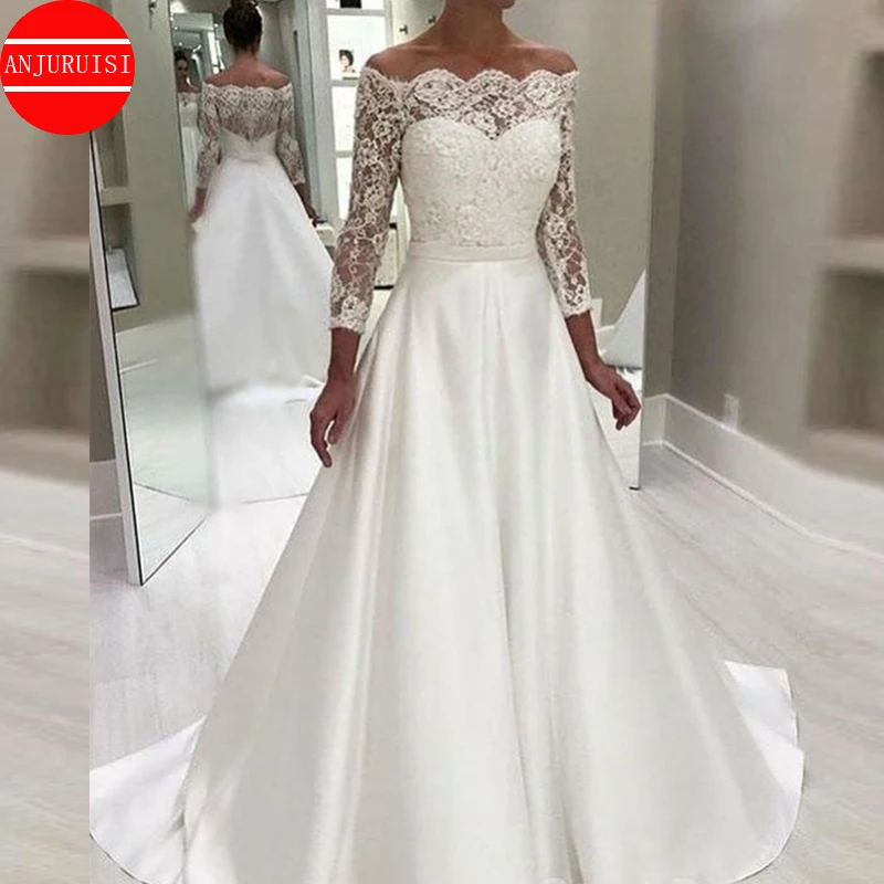 

Off The Shoulder Wedding Dress Three Quarter Sleeves Vestido De Novia 2022 Lace Appliques Bride Gown Robe Mariage Boda Trouwjurk