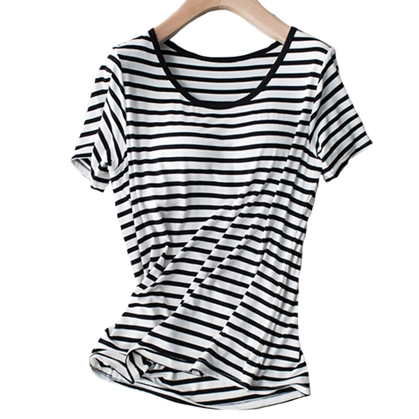 Built in Bra Sleep Shirts Women Loose fit Short Sleeve Striped Modal Sleep Wear Summer Padded Bra Breathable Lounge Lingerie image 2