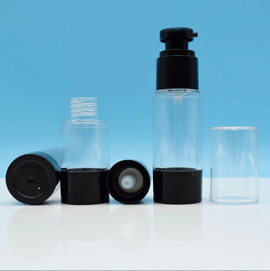 15ml 원형 투명 플라스틱 블랙 에어리스 병 복합 아이 에센스 세럼/로션/에멀젼 리퀴드 파운데이션 포장