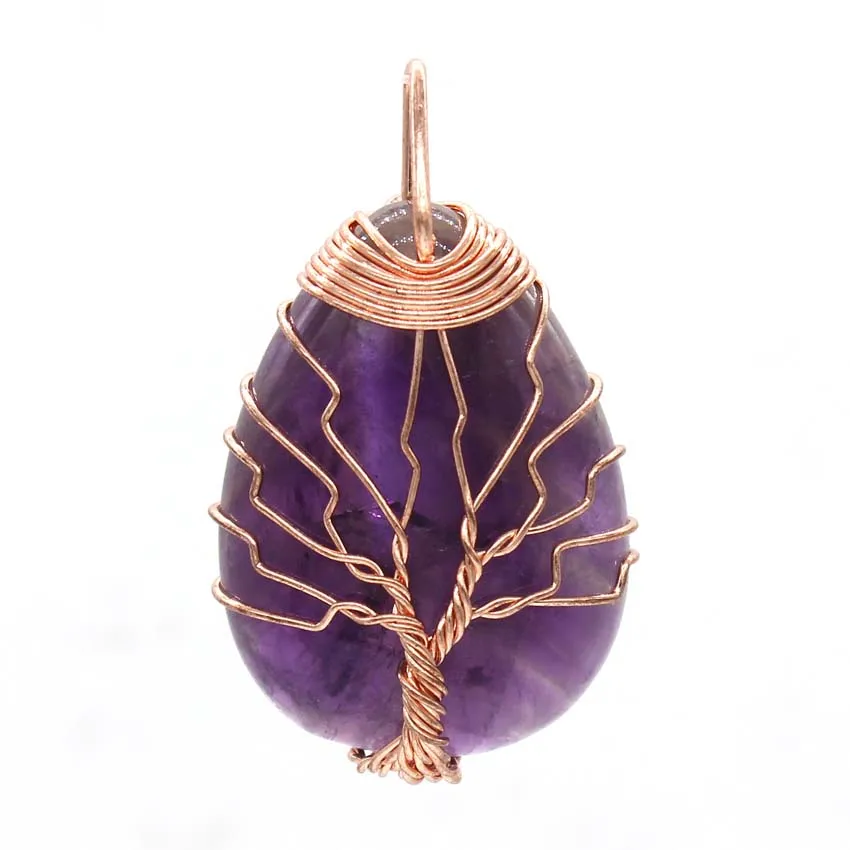 Wire Wrapped Tree Life Chakra Reiki Water Drop Natural Healing Purple Crystal Rose Pink Quartz Stone Pendant Women Men Jewelry