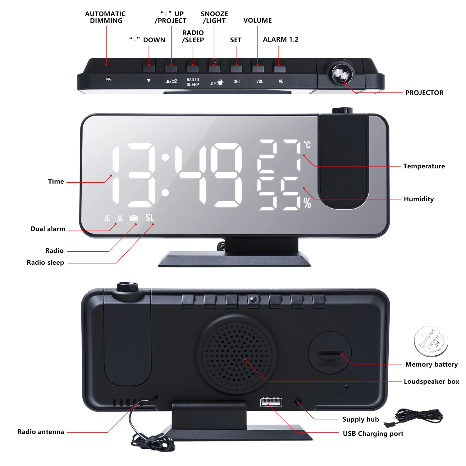 LED Digital Alarm Clock Electronic Projection Clock With FM Radio Snooze Weather Station Calendar Thermometer Projector Function