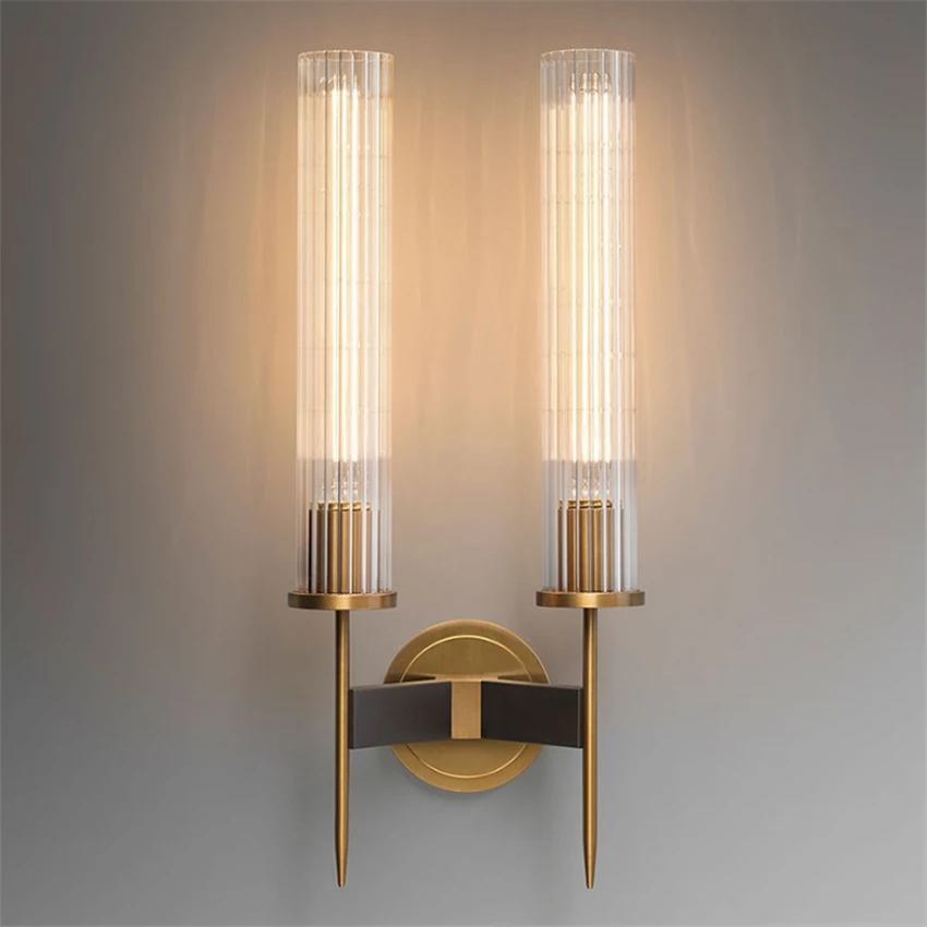 Post-modern Candlestick Bracket Wall Lamps Bedroom American All-copper Glass Sconce Wall Lights Living Room Background Fixtures