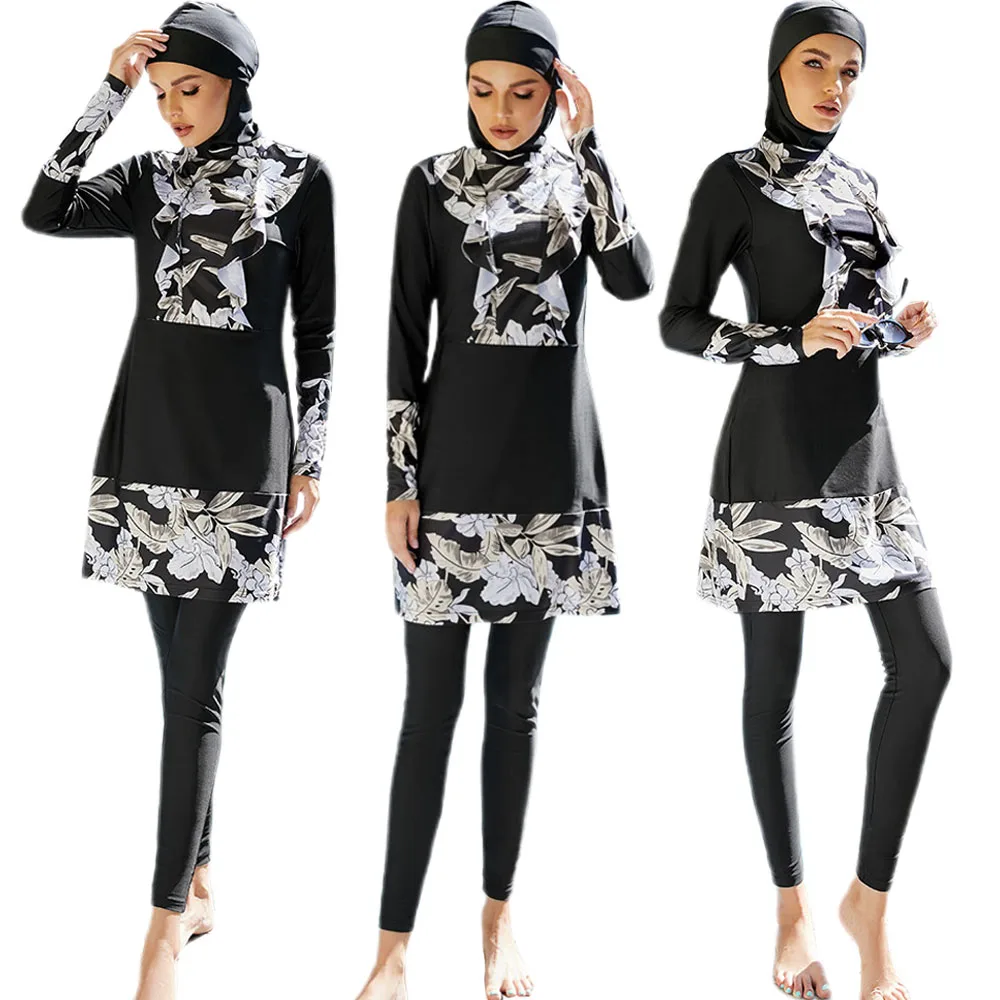 

Women Muslim 3pcs Burkini with Hijab Cap Long Sleeve Ruffled Modest Print Swimsuit Abra Islamic Swimwear Full Covered Beachwear