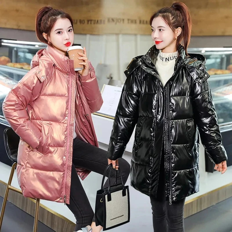 

Glossy Winter Padded Jacket Women Parkas Nice Pop Winter Down Padded Jacket Korean Loose Mid-length Padded Coat Down Jacket