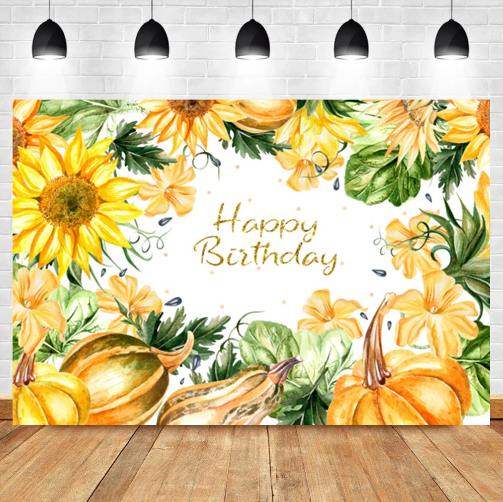 

Laeacco Golden Autumn Pumpkin Sunflower Watercolor Baby Birthday Custom Backdrop Photographic Photo Background For Photo Studio