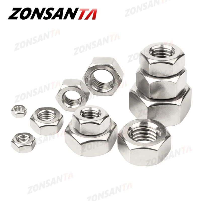 Zonsanta Metrik 304 Stainless Steel Hex Hexagon Nut DIN934 M1 M1.2 M1.4 M1.6 M2 M2.5 M3 M4 M5 M6 M8 m10 M12 M16 M20 Kacang Screw