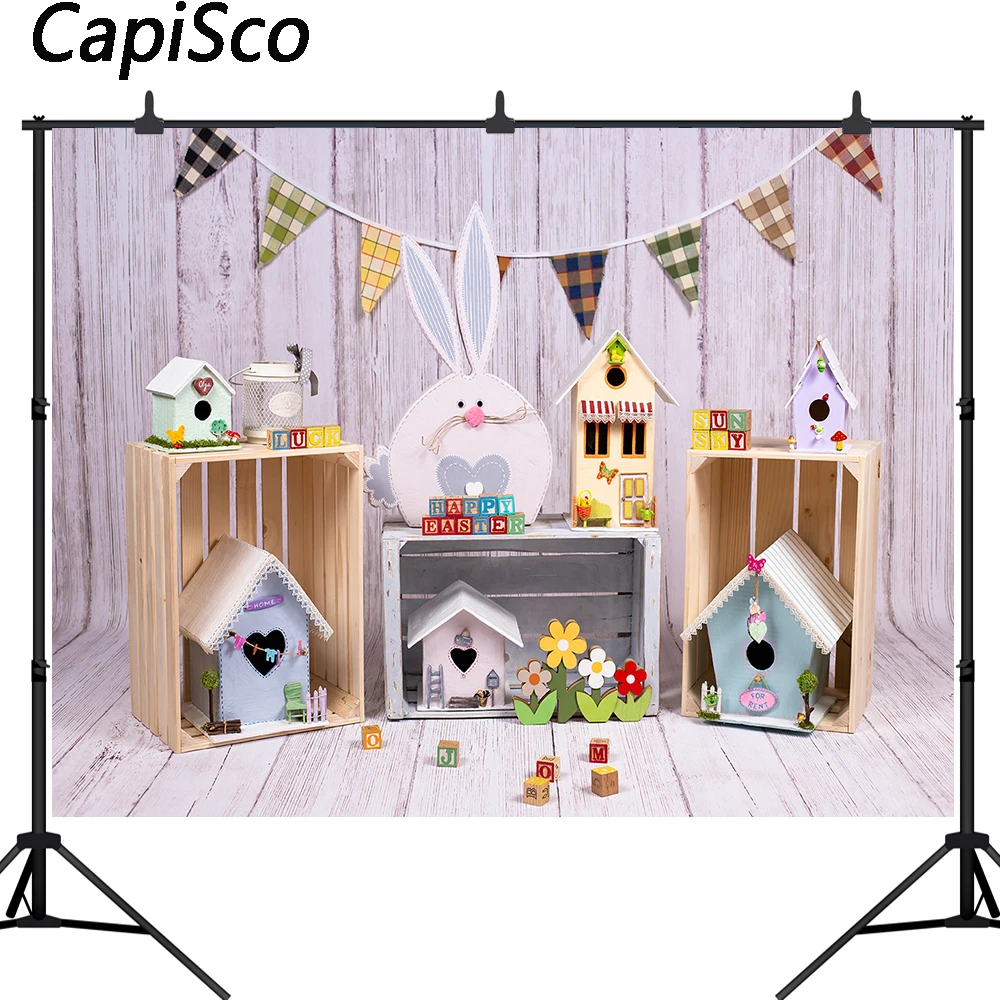 كابيسكو-لوحة خشبية لعيد الفصح السعيد ، منزل صغير ، خلفية أرنب ، خلفية تصوير شخصية لاستوديو الصور ، فوتوفون