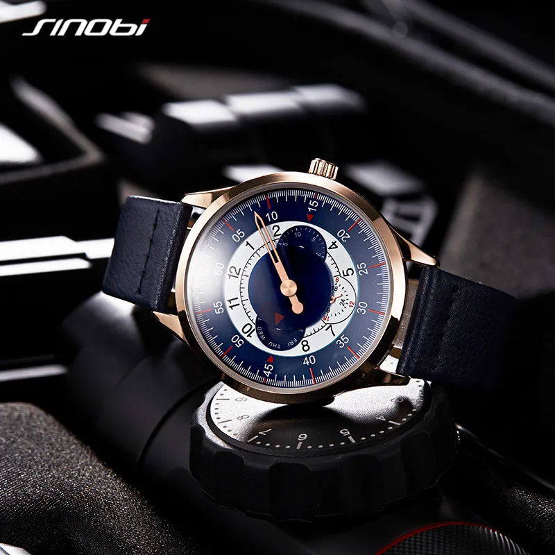 SINOBI Top Brand Luxury Military Leather Quartz Wristwatch Man Gear Creative Watch Casual Sports Clock Box Gifts Date Week Clock