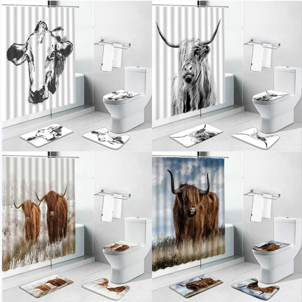 Highland Gray Cows Waterproof Print Shower Curtain 4 Piece Toilet Lid Cover Anti-Slip Soft Rugs Bath Mat Bathroom Set Home Decor