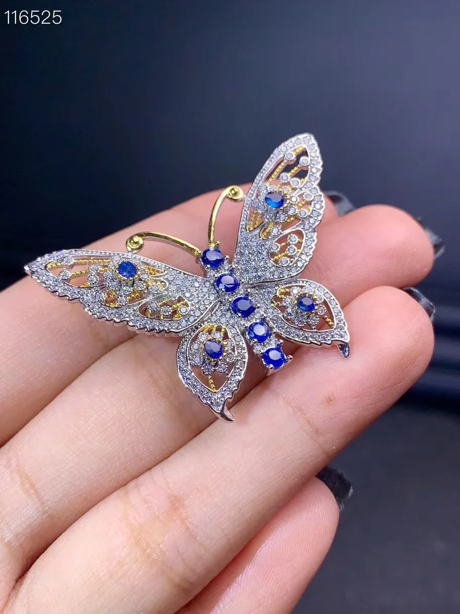 Natural sapphire brooch, 925 silver, phoenix style, good quality gemstones and luxurious atmosphere.