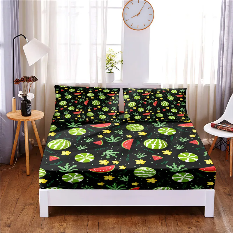 Watermelon Digital Printed 3pc Polyester  Fitted Sheet Mattress Cover Four Corners with Elastic Band Bed Sheet Pillowcases