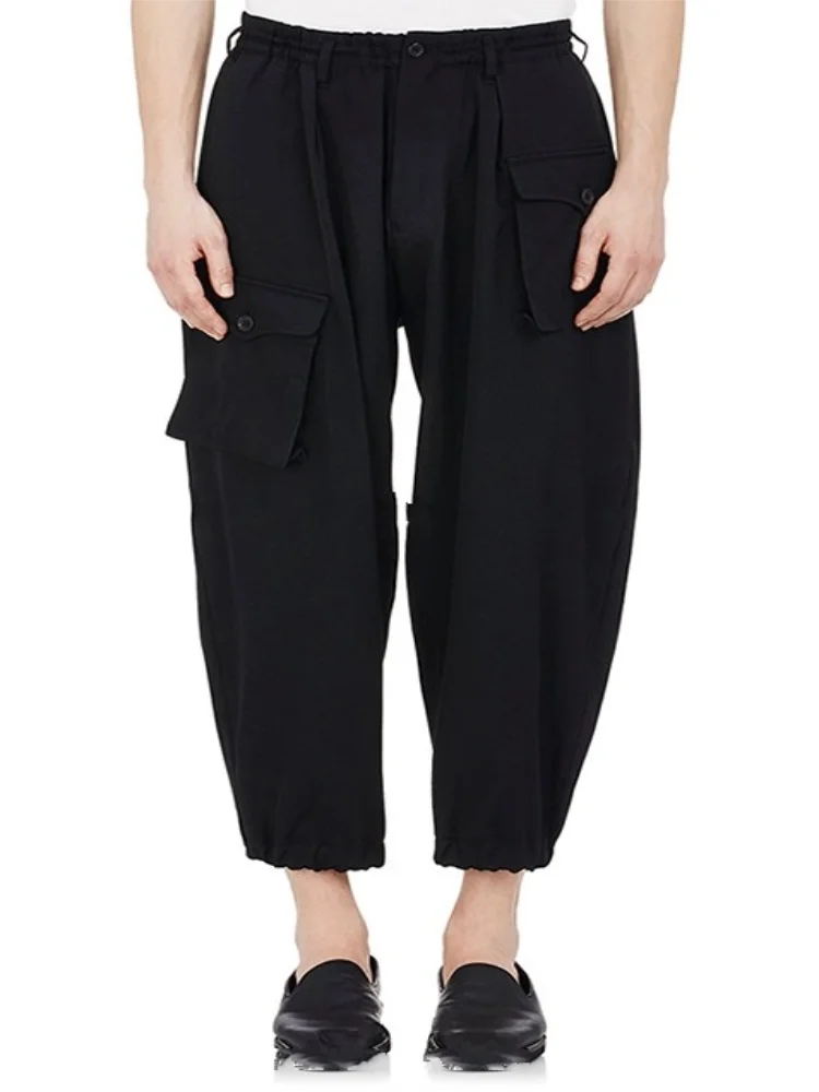 Spring/Summer Men's Asymmetrical Multi-Pocket Design Loose Small Leg Pants Casual Black Motorcycle Breeches
