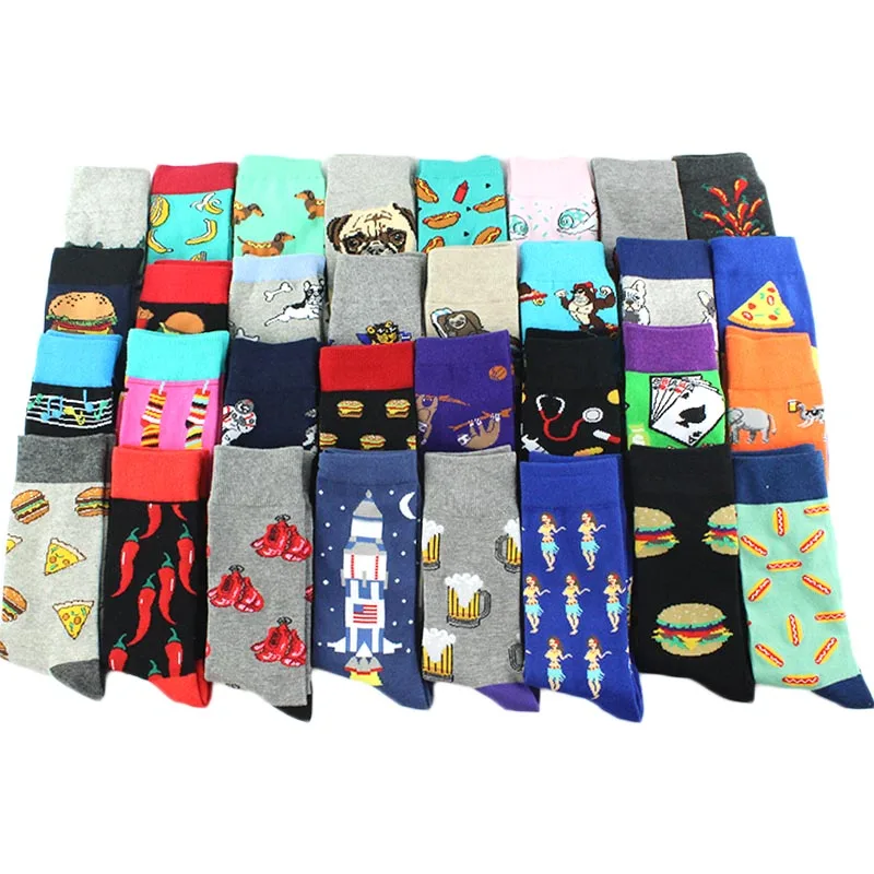 Animal Pug Elephant Lionu Funny Socks Men Chili Hamburg Pizza Crew Socks Harajuk Novelty Gift Sokken Unisex Skateboard Socks