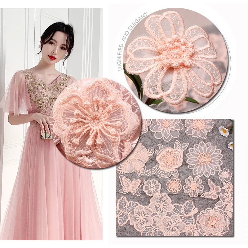 Iron on Flesh Pink Lace Flower Butterfly Embroidered Patches for Clothing Sew Clothes Wedding Organza Dress Applique Sticker Diy