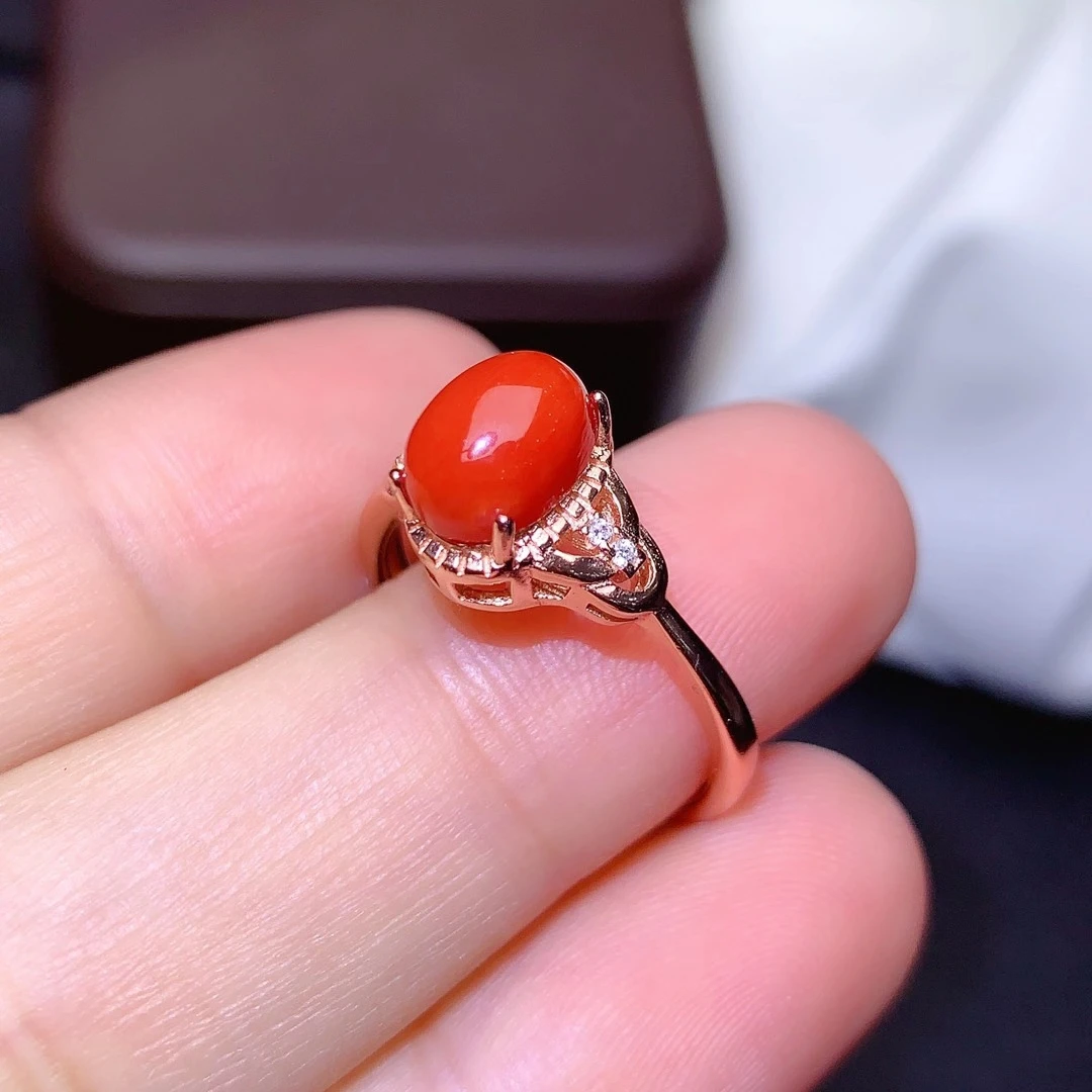 925 Pure Silver Chinese Style Natural Red Coral Women's Luxury Popular Simple Oval Adjustable Gemstone Ring Fine Jewelry Support