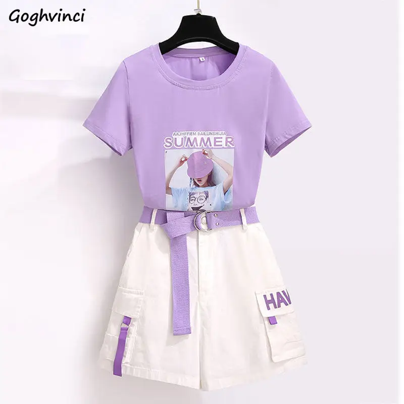 

Women Sets Summer Chic Purple Print Harajuku Sweet Girls Outfits Lovely Short Sleeve Top Tees High Waistes Cargo Womens Shorts