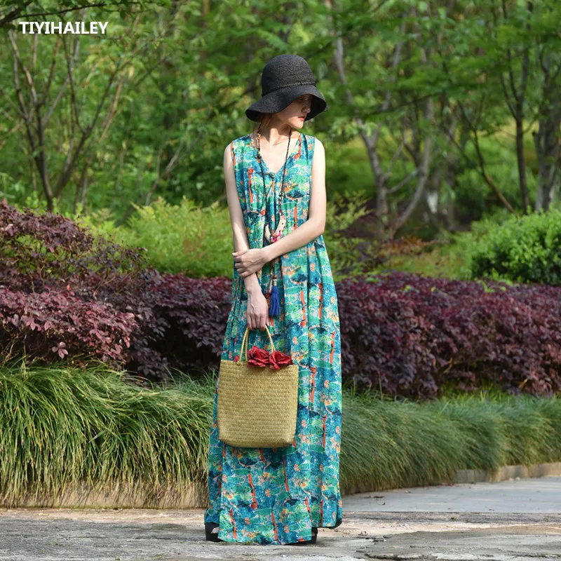 

TIYIHAILEY Free Shipping 2020 New Fashion A-line Cotton Long Maxi Dress Women Sleeveless Loose Flower Print Summer Blue Dresses