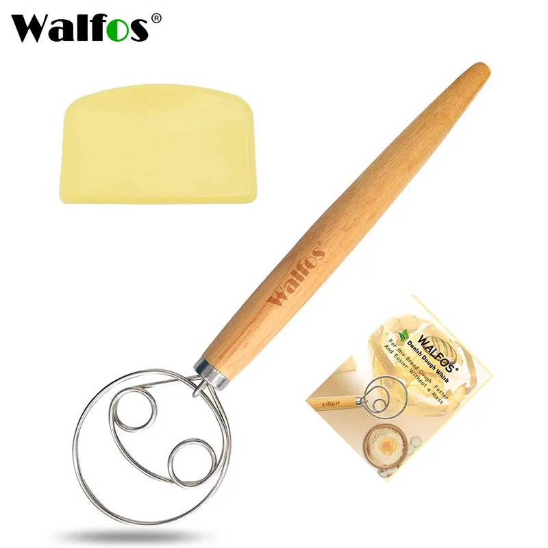 

Walfos Danish Dough Whisk Stainless Steel Bread Mixer With Dough Scraper Double Holes for Cooking Blending Whisking Beating