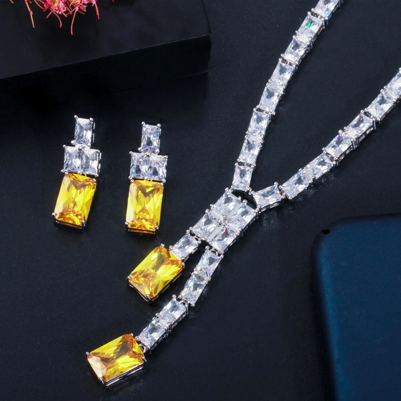 BeaQueen Luxurious Brilliant Yellow CZ Square Drop Earrings Necklace Jewelry Set for Women Bridal Wedding Accessories Gift JS221
